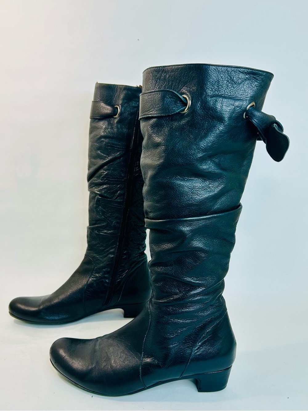 Eric Michael Web Shoemaker Black Leather Zip Knee High Boot Sash Tie size 40/9.5